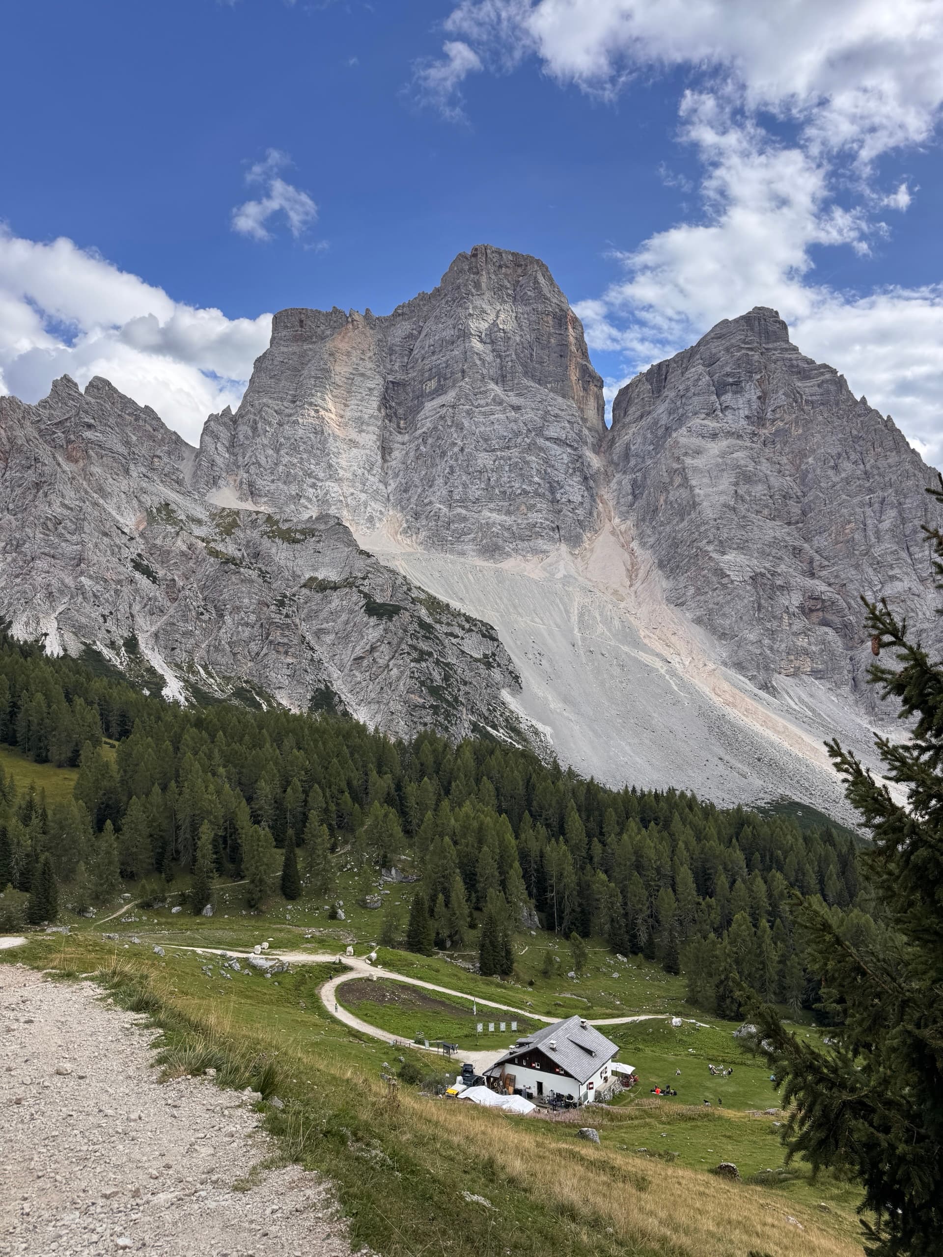 Limestone mountain peaks rising above a green alpine meadow with a small building and pine forest