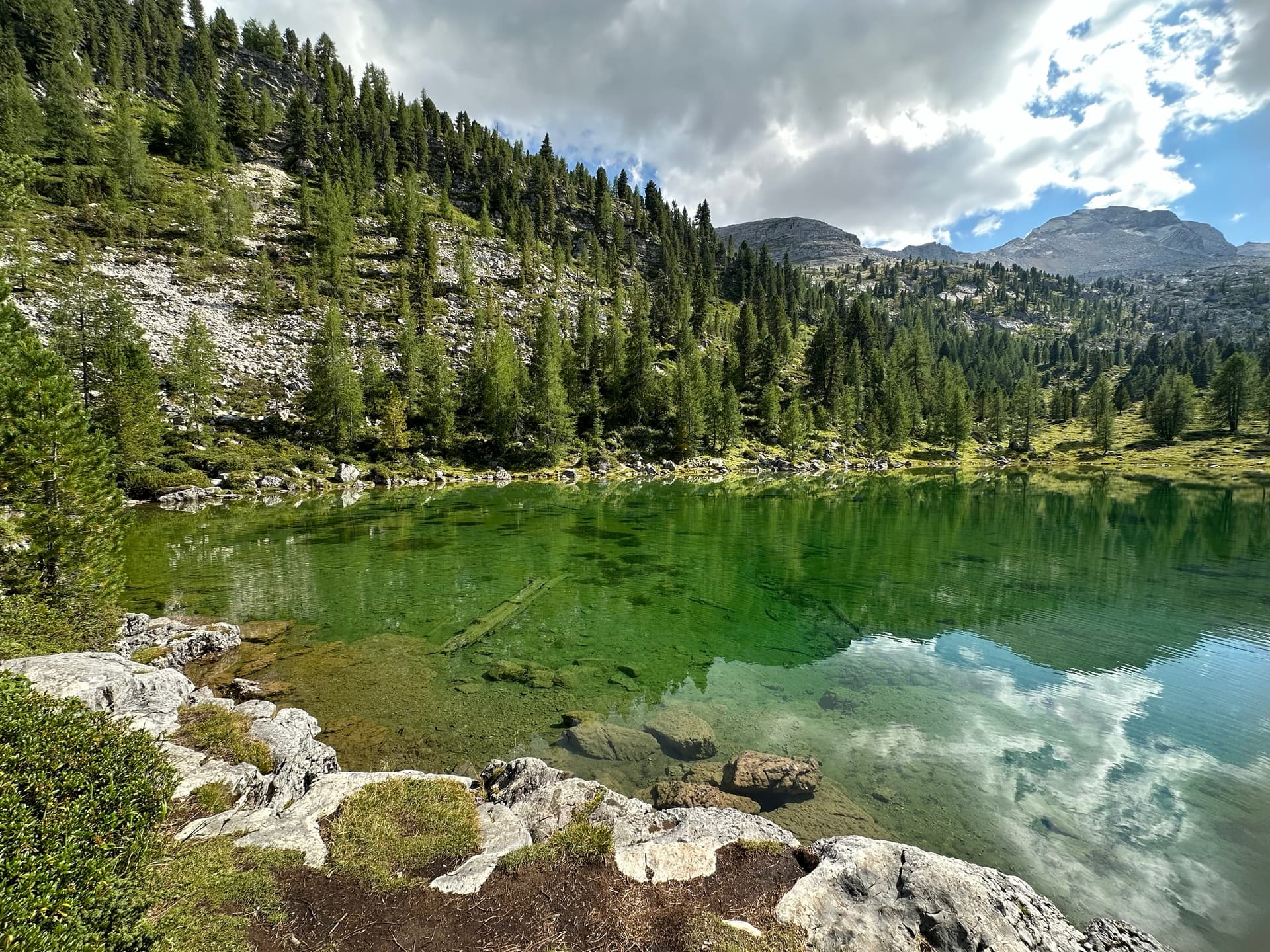 Emerald alpine lake reflecting clouds and forested mountain slope